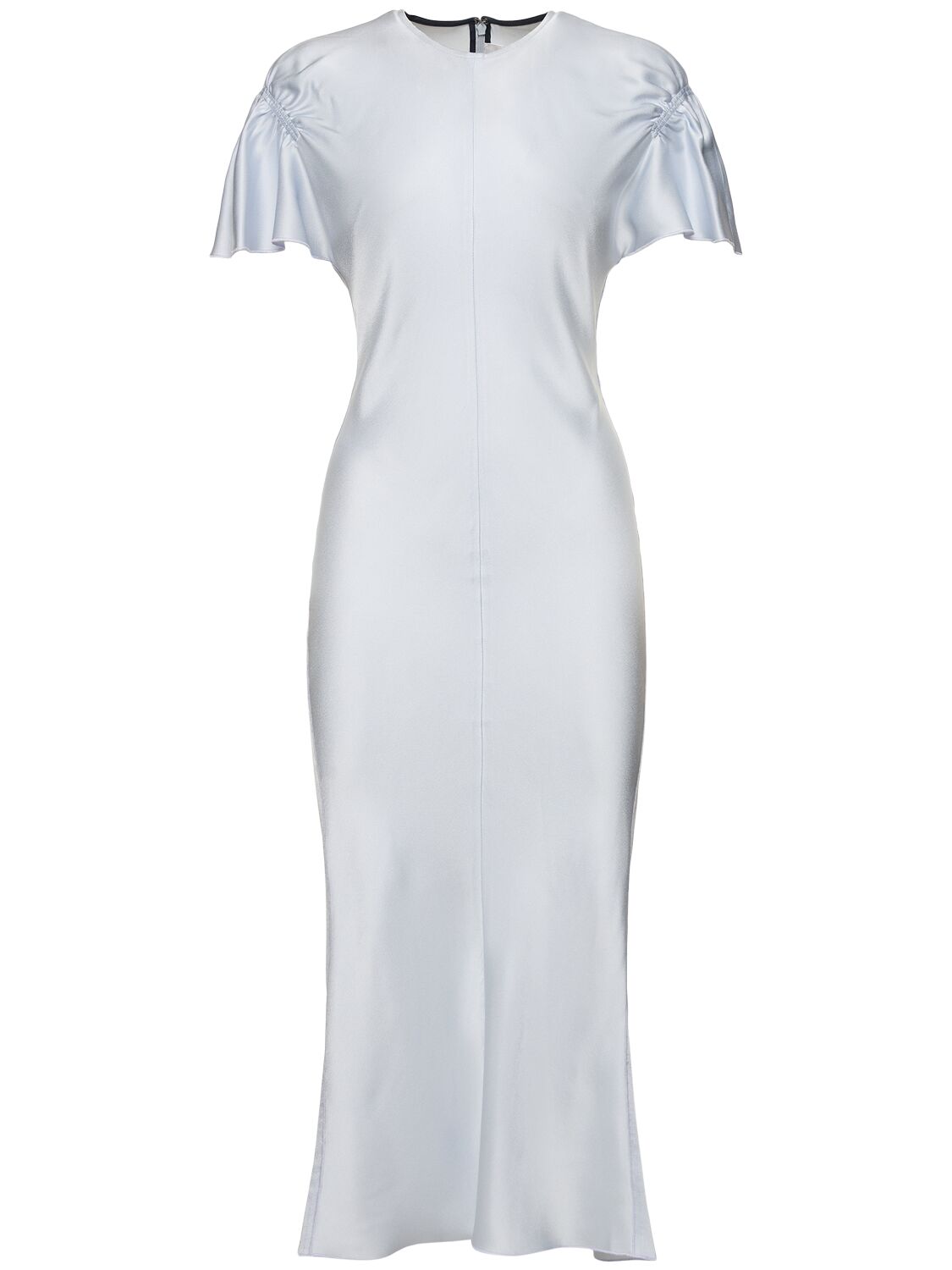 Victoria Beckham Gathered Sleeve Viscose Blend Midi Dress In 화이트