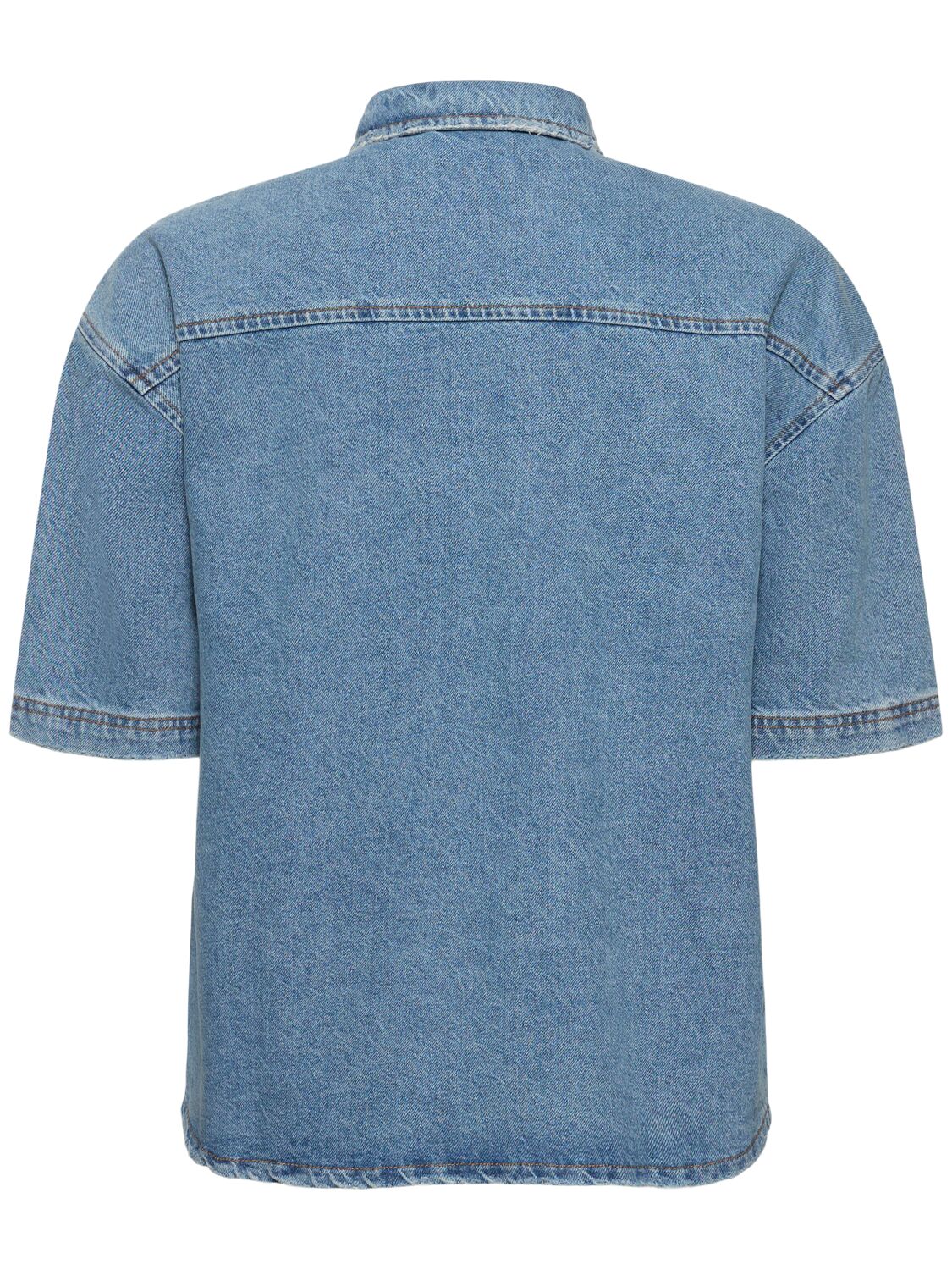 Shop Flâneur Short Sleeve Light Denim Shirt In Light Blue Oc