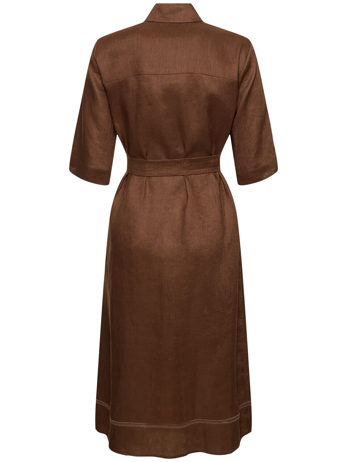 Shop Max Mara Nocino Belted Linen Midi Shirt Dress In Brown