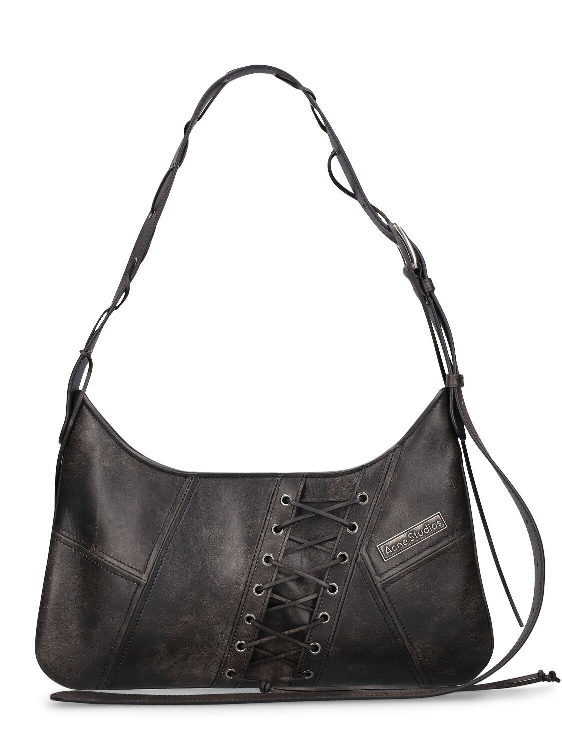 Acne Studios Midi Platt Patchwork Lace Leather Bag In Black