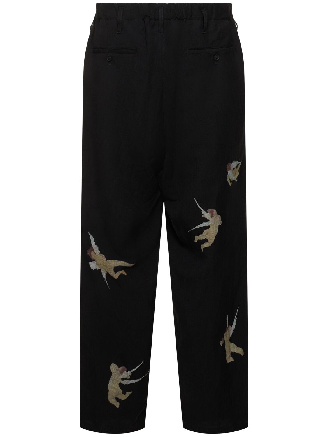 Shop Yohji Yamamoto R-angel Printed Viscose & Linen Pants In Black