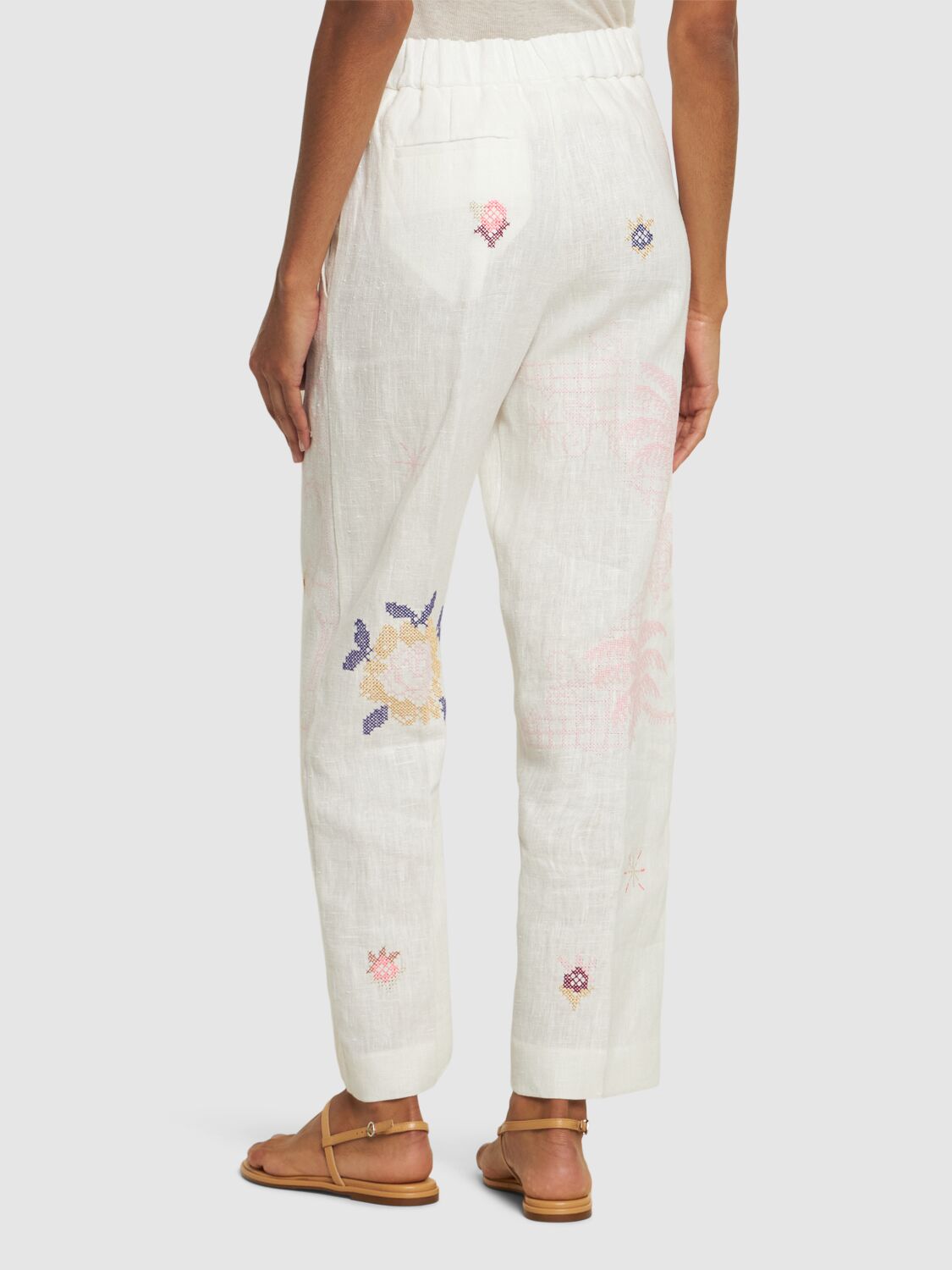 Shop Forte Forte Eden Embroidered Linen Pants In White,multi