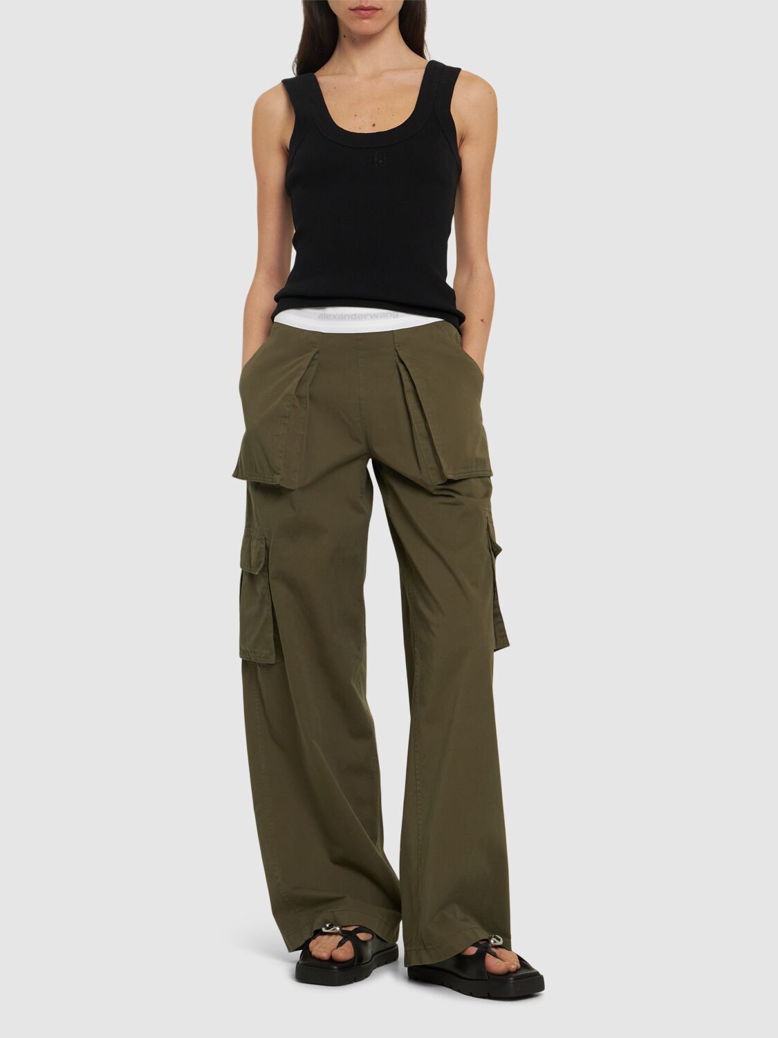 Shop Alexander Wang Mid Rise Cargo Cotton Pants In Army Green