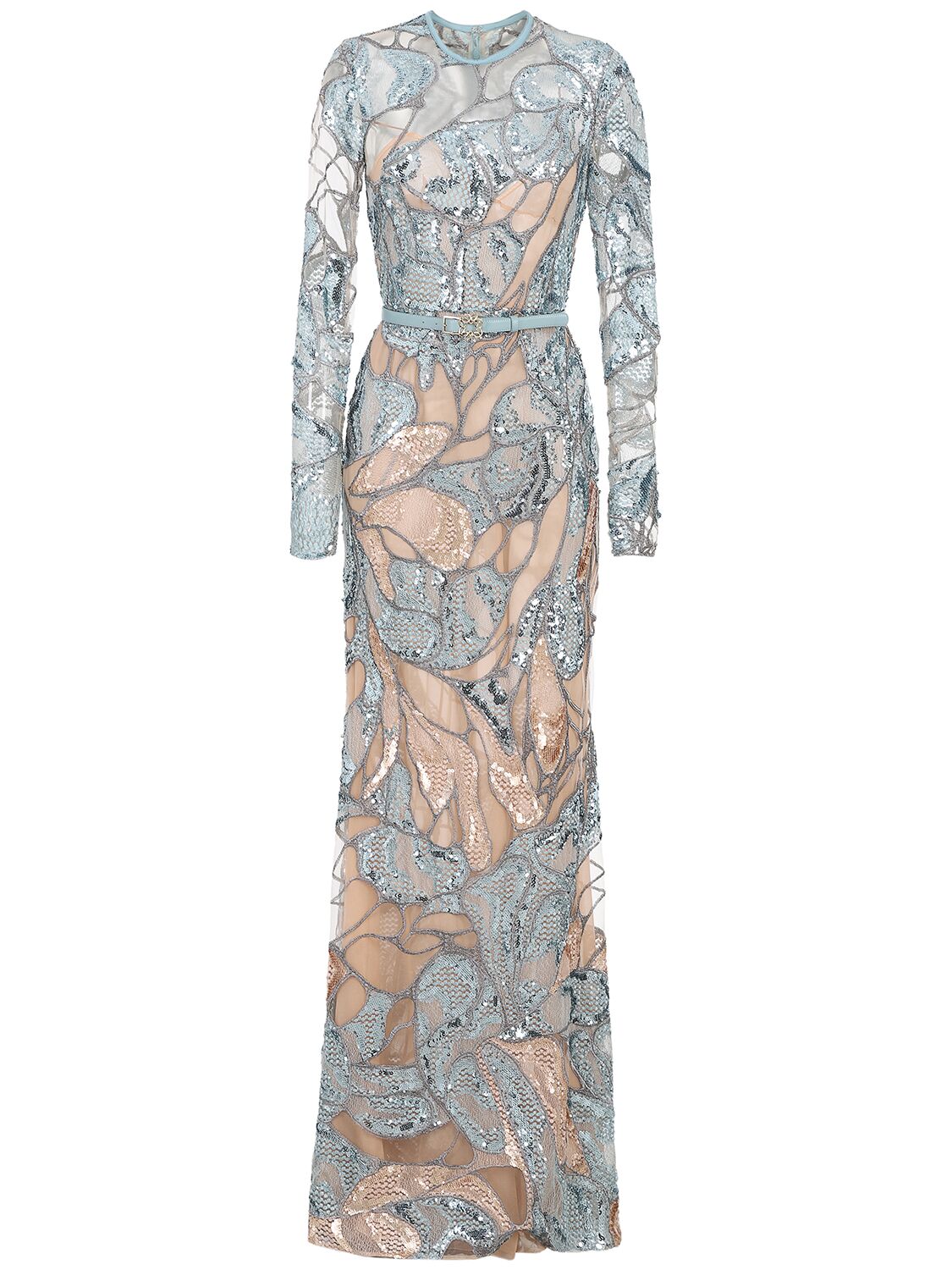 Elie Saab Embroidered Tulle Long Dress In Blue/nude