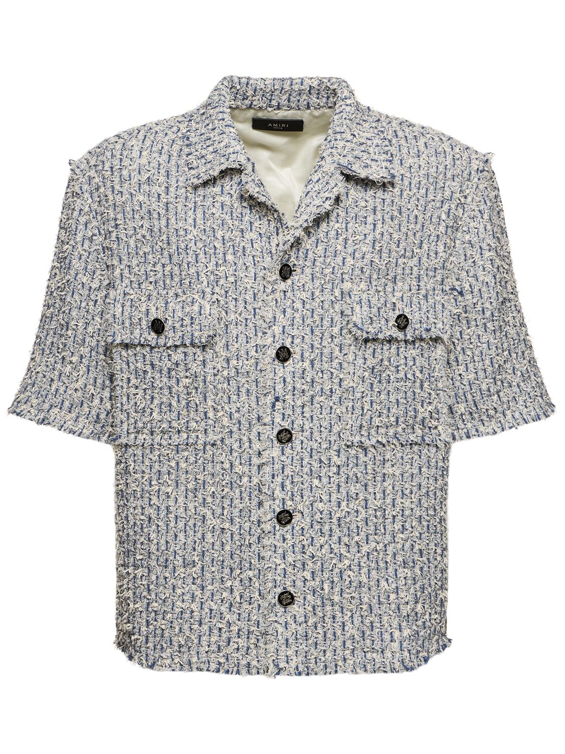 Shop Amiri Cotton Blend Tweed Bouclé S/s Shirt In 블루