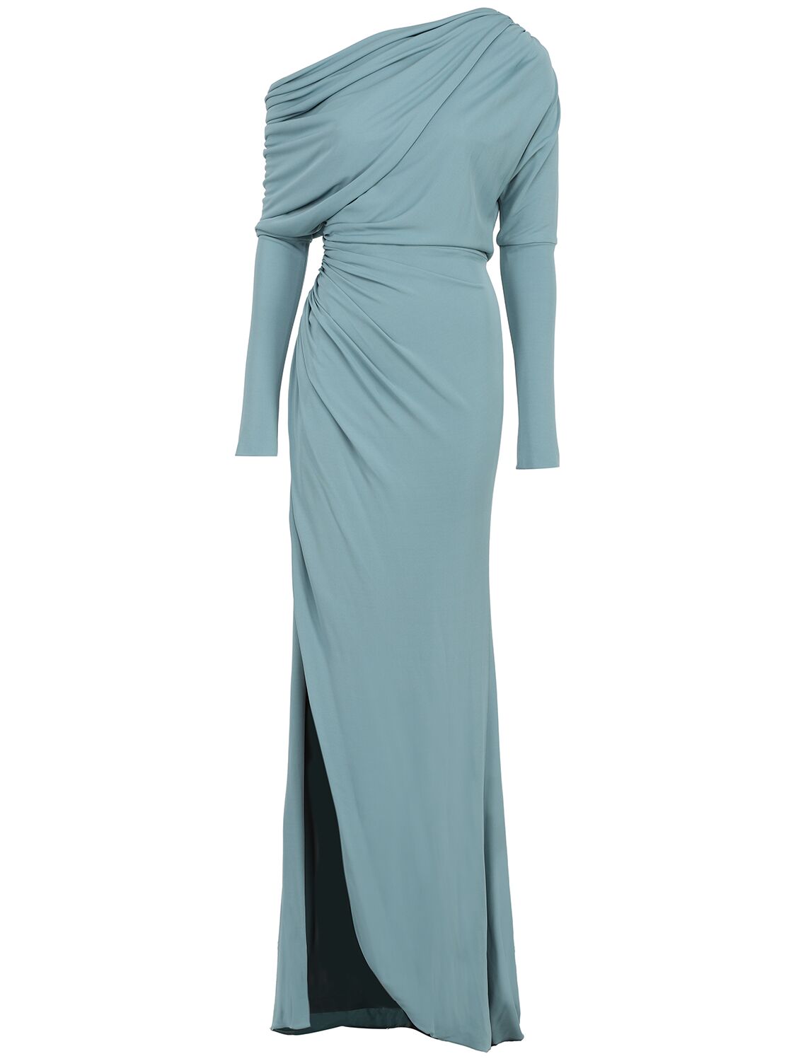 Elie Saab Draped Jersey Long Dress In Cerulean Blue