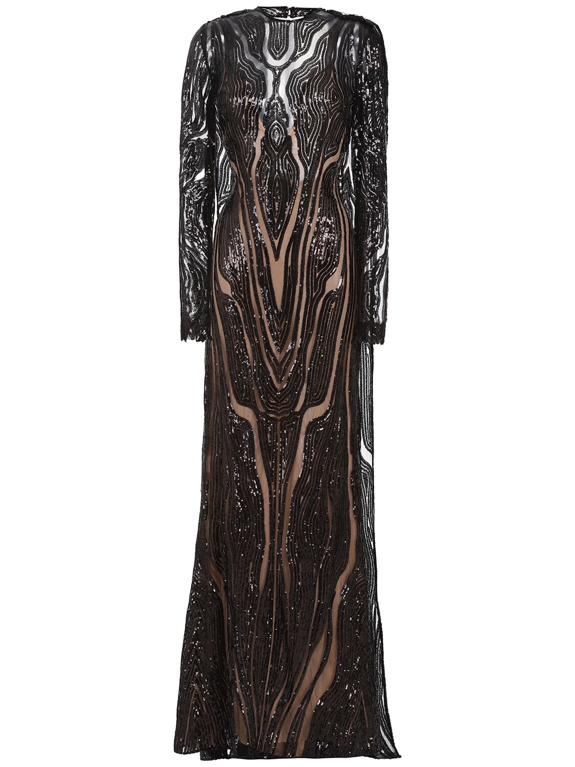 Elie Saab Embroidered Tulle Long Dress In Black