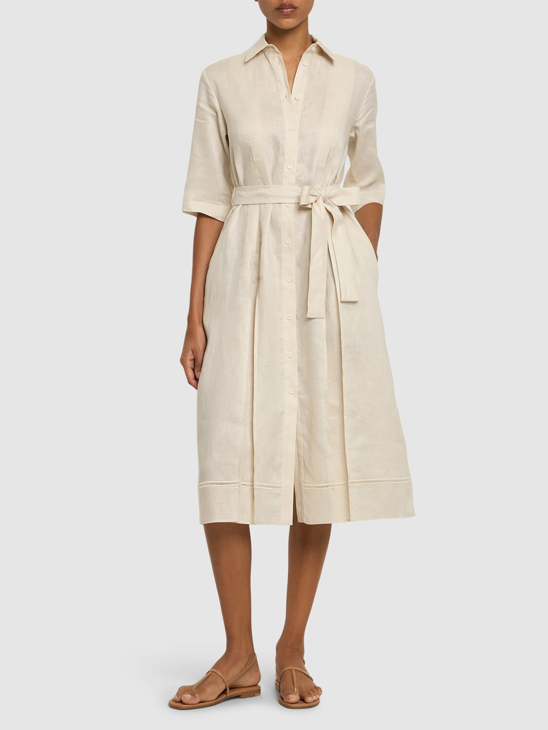 【MAX MARA】linen, cotton and silk-blend チュニック Linen mandarin collar shirt, ecru | 
