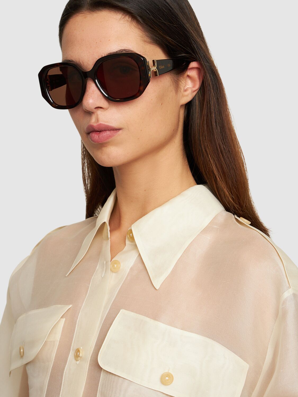 Shop Chloé Marcie Squared Bio-acetate Sunglasses In Havana,brown
