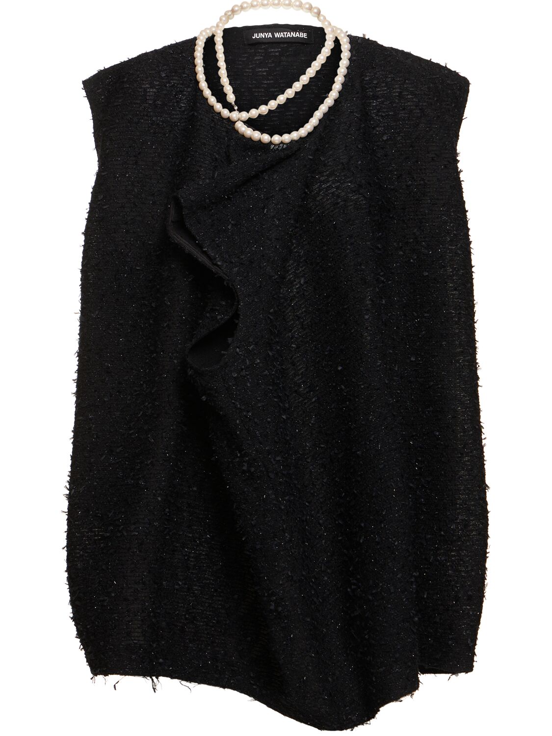 Junya Watanabe Cotton Blend Tweed Top W/faux Pearls In Black