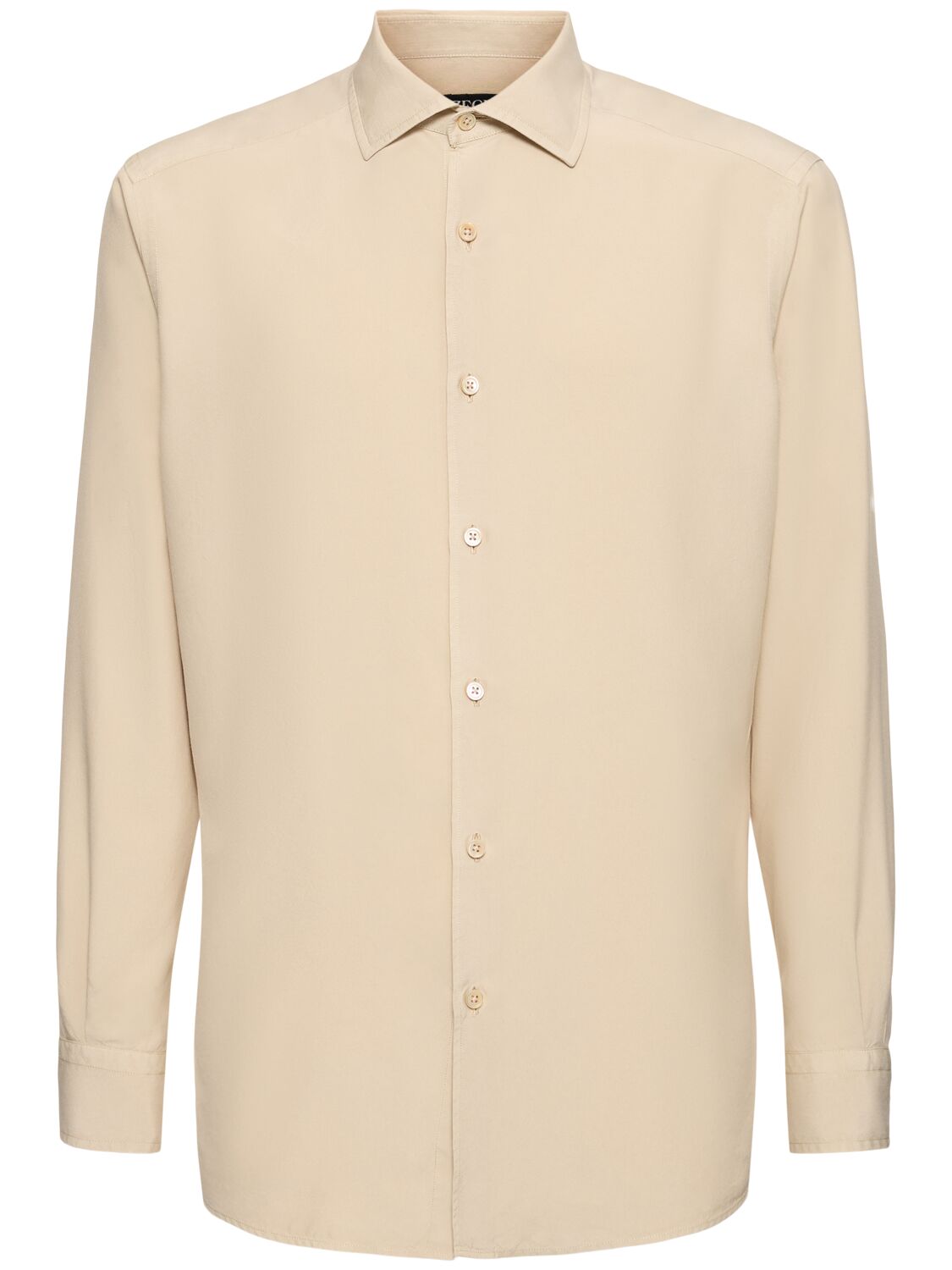 Zegna Solid Silk Long Sleeve Shirt In Light Beige