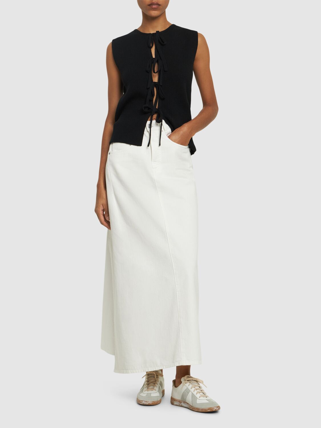 Shop Mm6 Maison Margiela Cotton Denim Midi Skirt In White