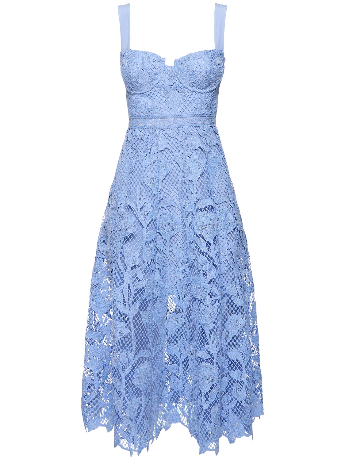 Shop Self-portrait Flared Lace Midi Dress In Blue