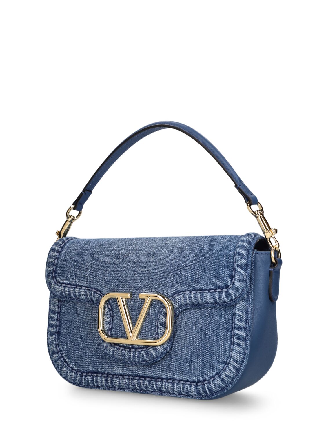 Shop Valentino Vlogo Denim Shoulder Bag In Denim,avio