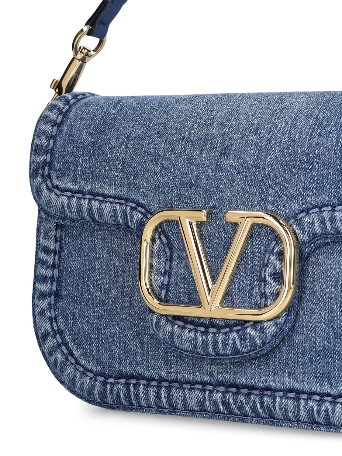 Shop Valentino Vlogo Denim Shoulder Bag In Denim,avio