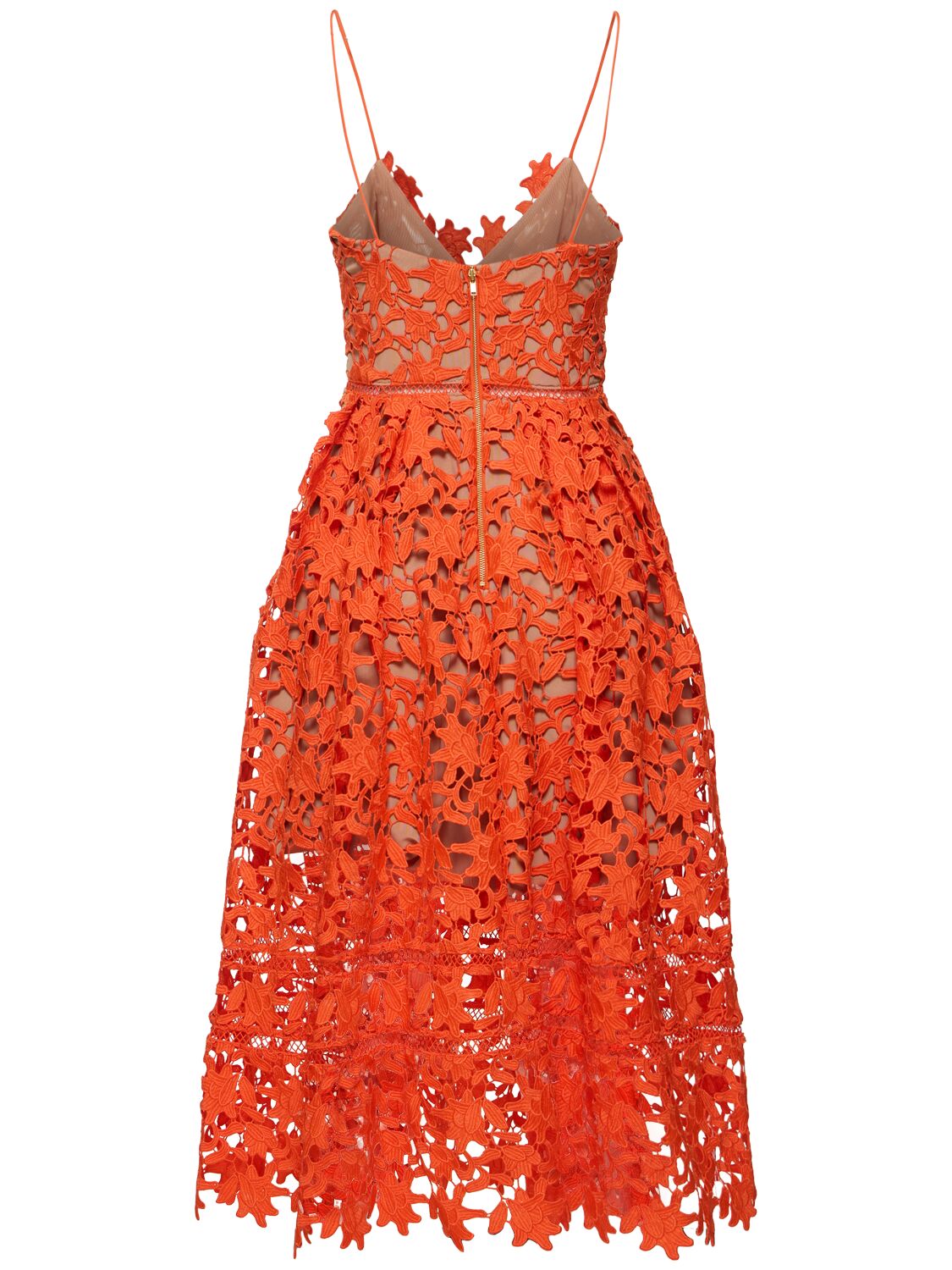 Shop Self-portrait Flared Lace Midi Dress In Orange
