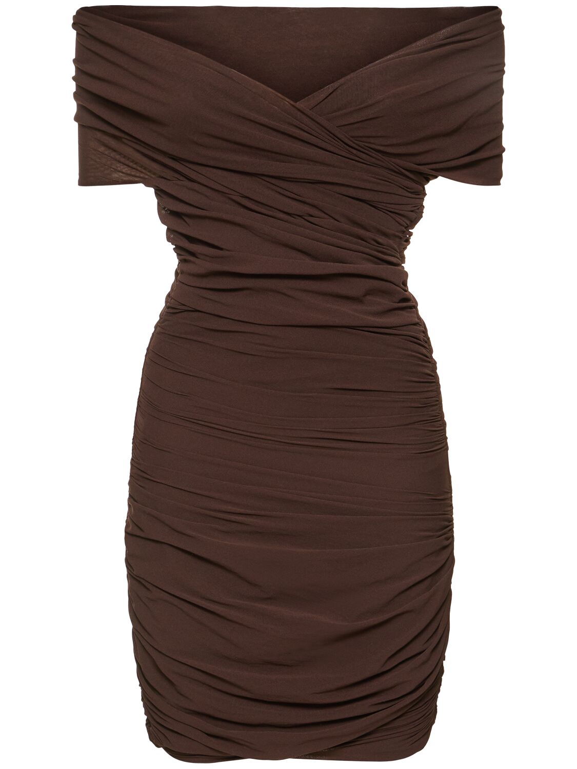 Philosophy Di Lorenzo Serafini Stretch Tulle Off-shoulder Mini Dress In Brown