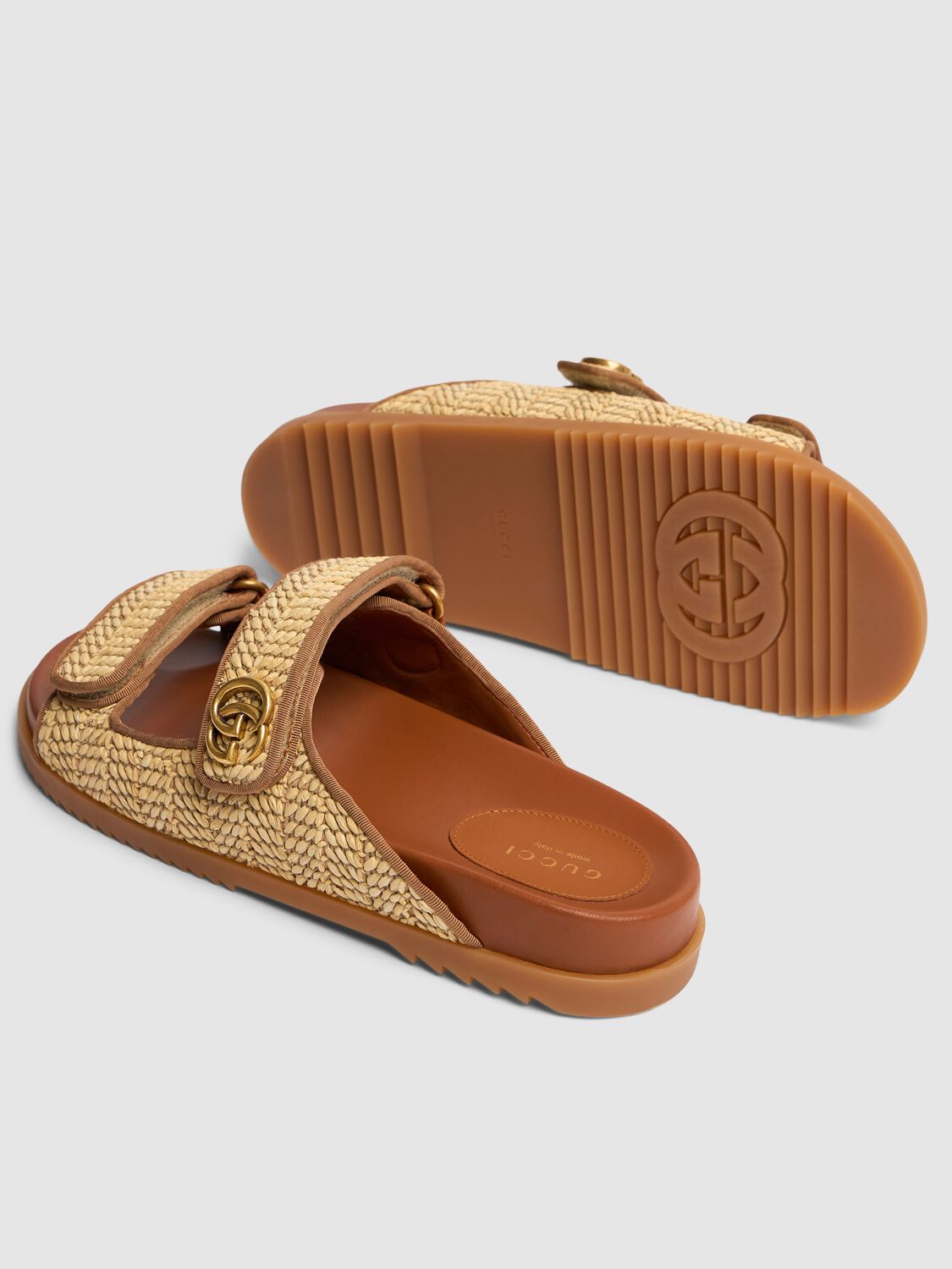 Shop Gucci 10mm Raffia Effect Sandals W/ Double G In Beige,brown