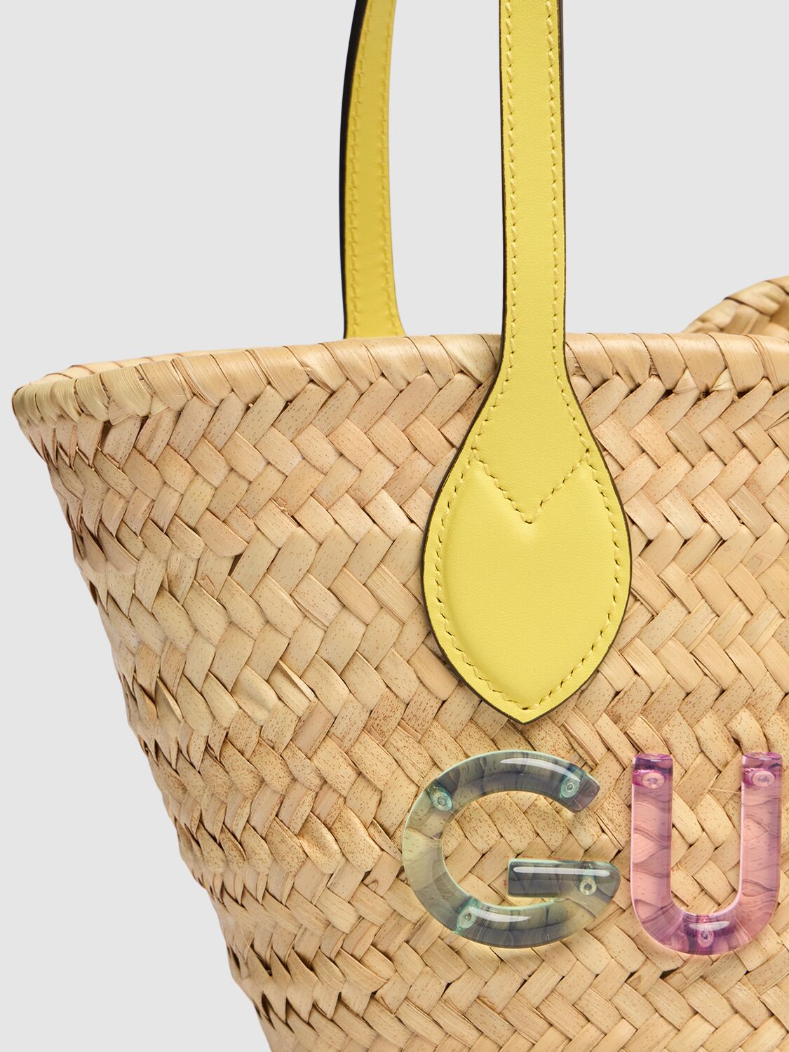 Shop Gucci Mini Raffia Tote Bag W/ Logo In Natural,multi