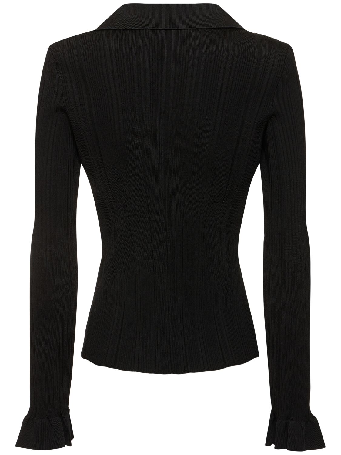 Shop Self-portrait Ribbed Viscose Knit Top W/ Buttons In Black