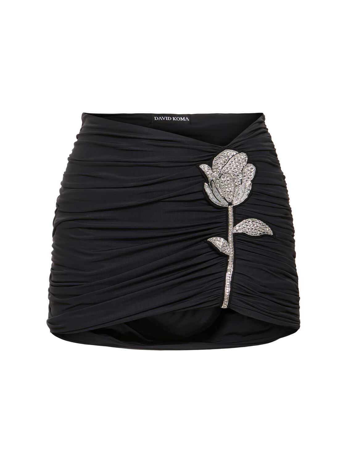 David Koma Ruched Mini Skirt W/ Rose In Black,silver