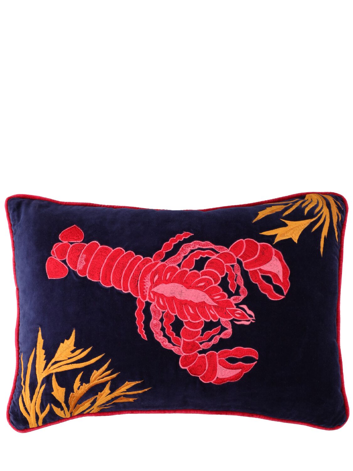 Les Ottomans Hand-embroidered Cotton Velvet Cushion In Blue