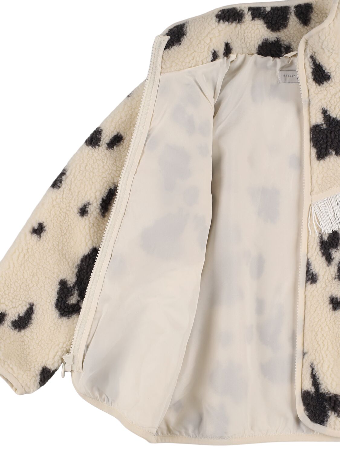 Stella Mccartney Printed Teddy Fleece Jacket W/ Fringes In White/black