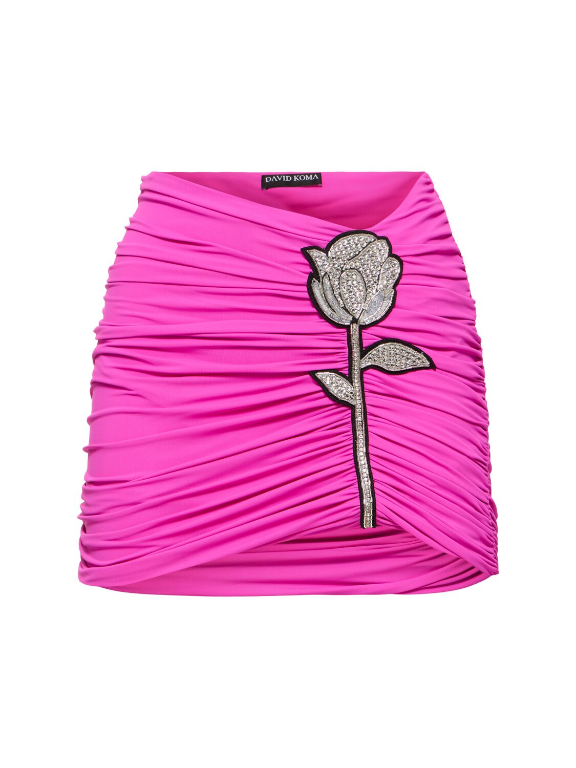 David Koma Ruched Mini Skirt W/ Rose In Fuchsia,silver