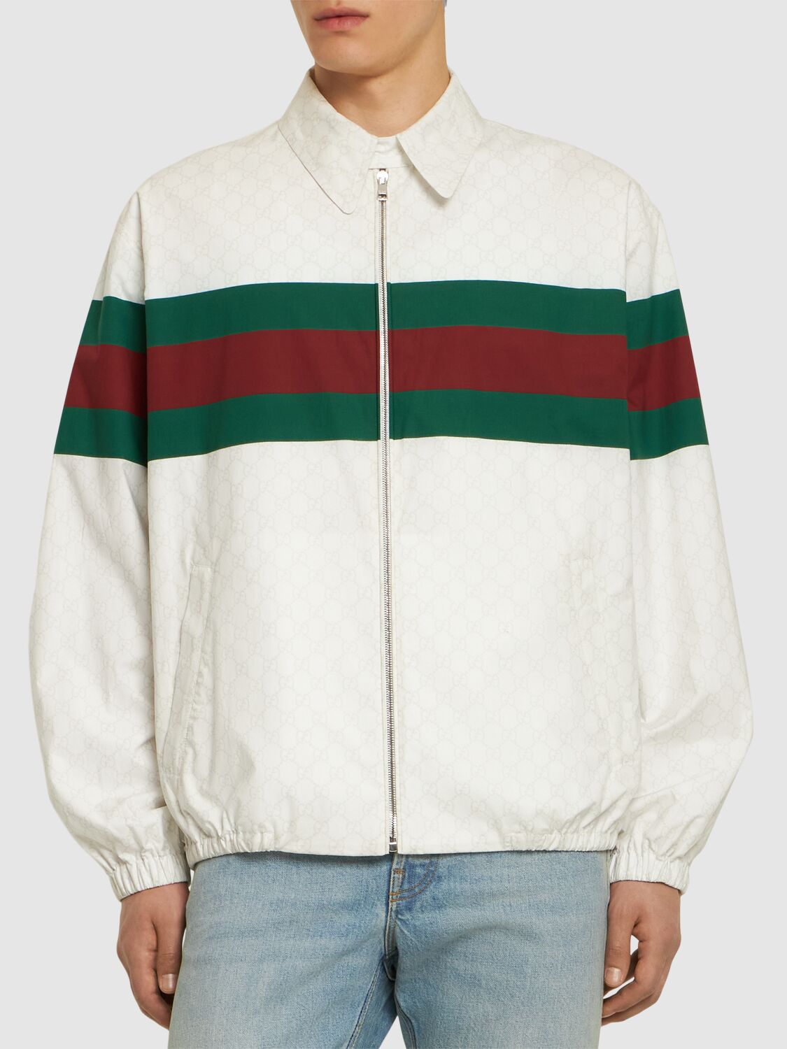 Shop Gucci Gg Print Cotton Jacket In White,multi