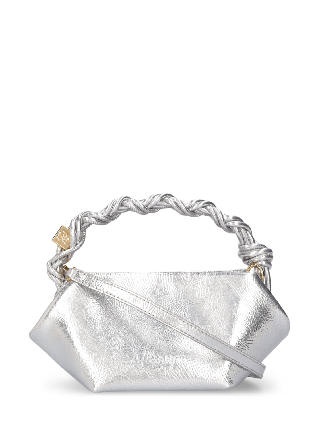 Shop Ganni Mini Bou Top Handle Bag In Silver