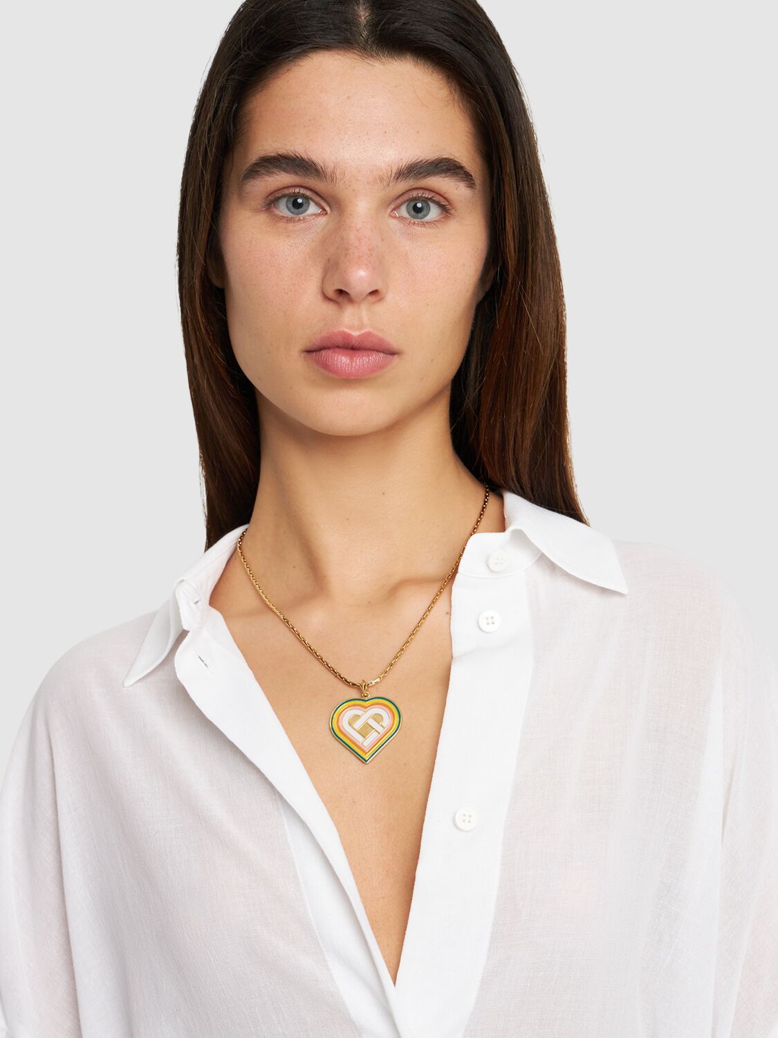 Shop Casablanca Heart Monogram Medallion Necklace In Gold,multi