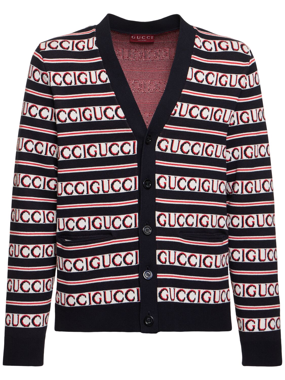 Shop Gucci Logo Cotton Cardigan In Ink,red,white