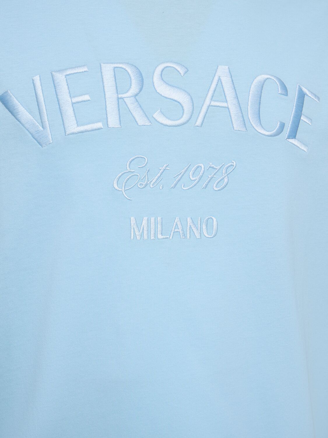 Shop Versace Cotton Jersey Logo T-shirt In Pastel Blue