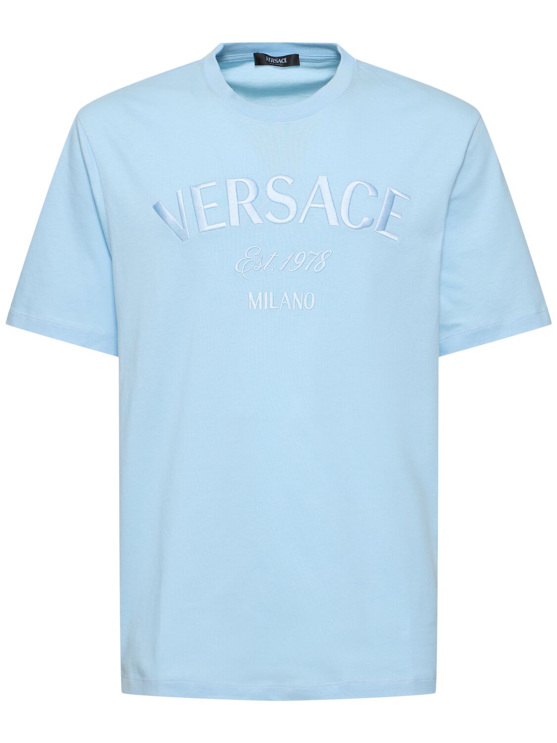 Versace Logo-embroidered Cotton T-shirt In Pastel Blue
