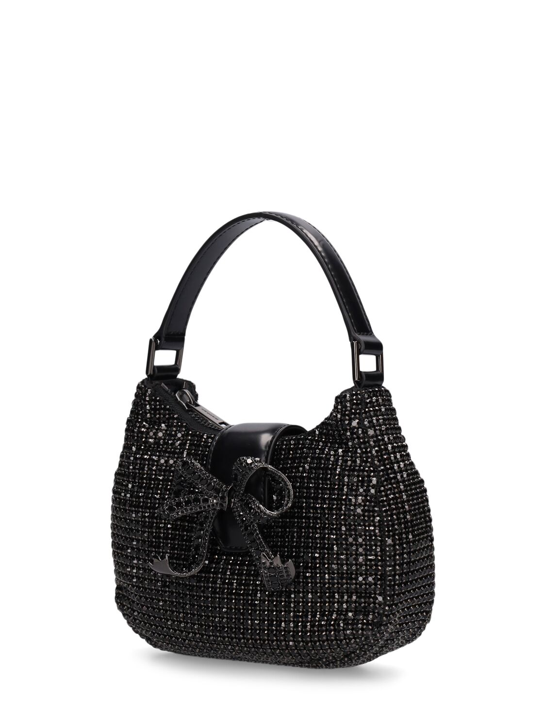 Shop Self-portrait Crescent Diamante Bow Shoulder Bag In Black