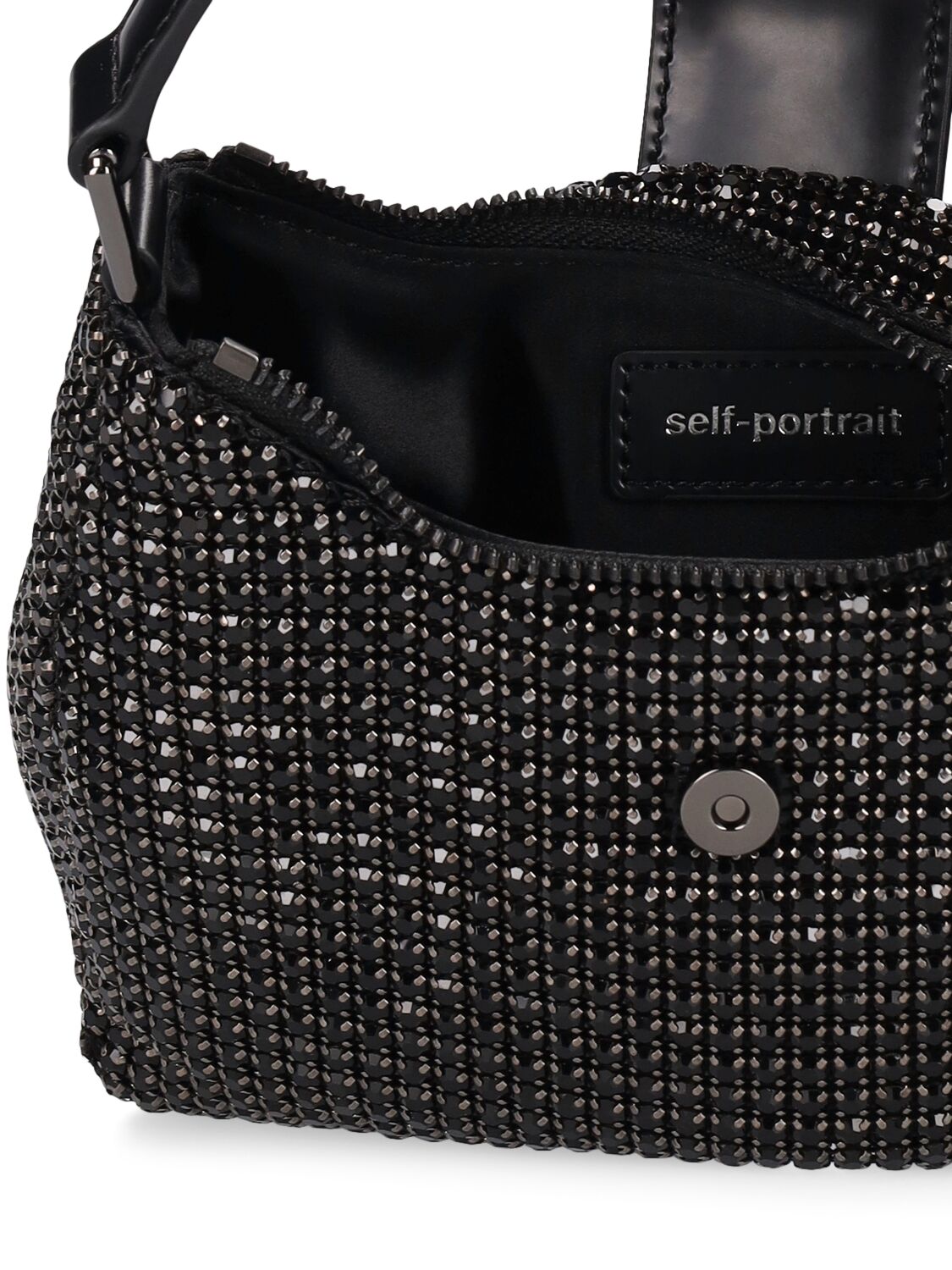 Shop Self-portrait Crescent Diamante Bow Shoulder Bag In Black