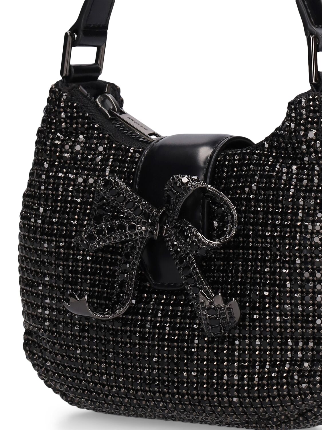 Shop Self-portrait Crescent Diamante Bow Shoulder Bag In Black