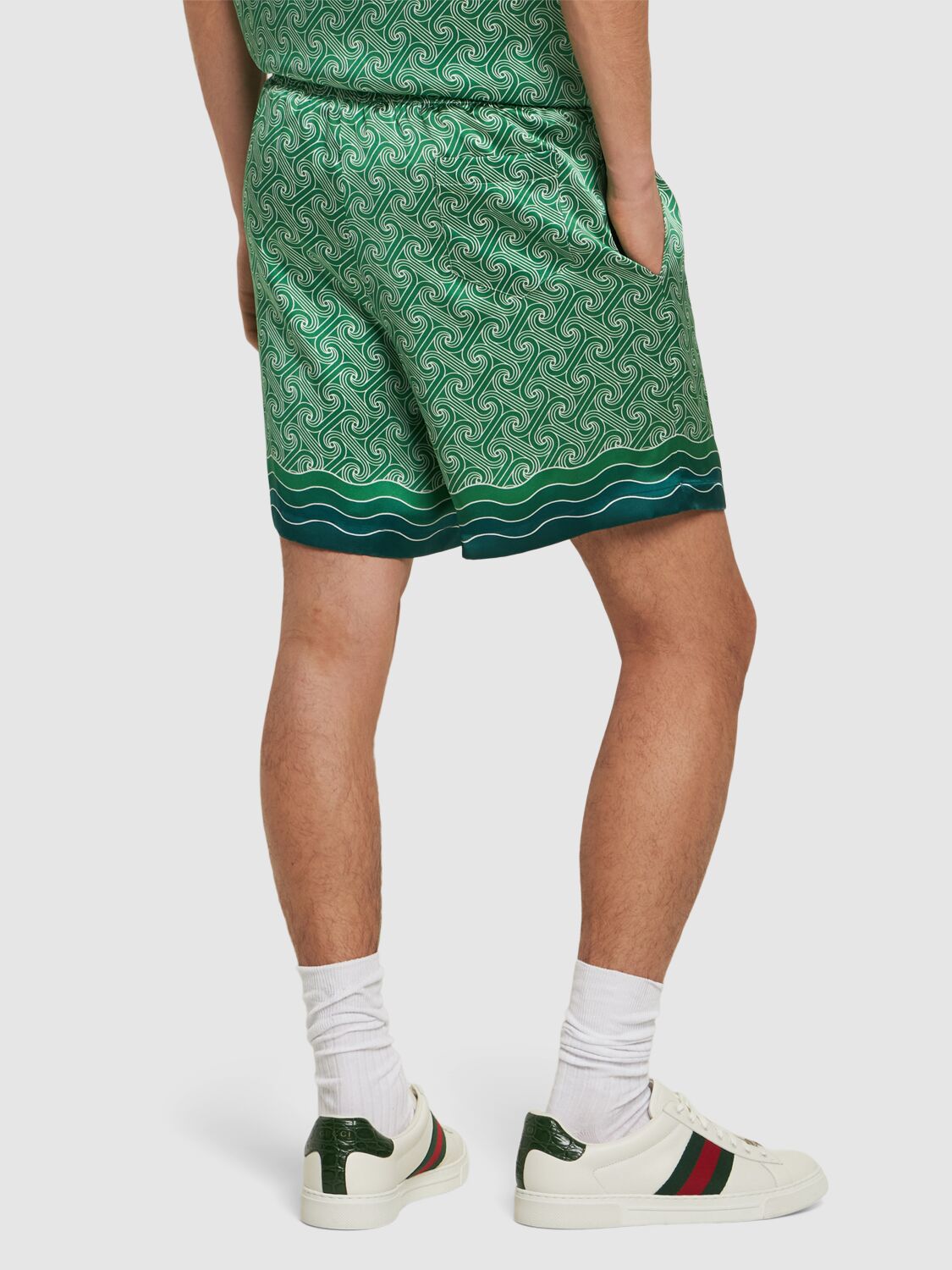 Shop Casablanca Drawstring Silk Shorts In Green