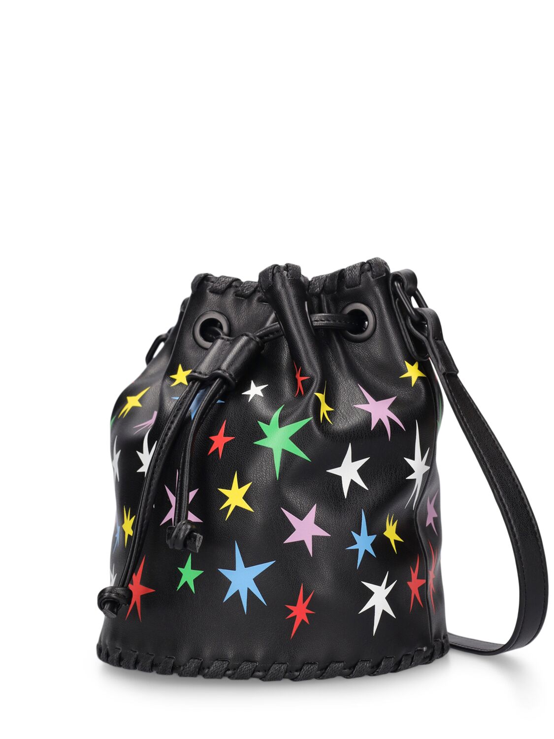 Shop Stella Mccartney Printed Faux Leather Bucket Bag In Black/multi