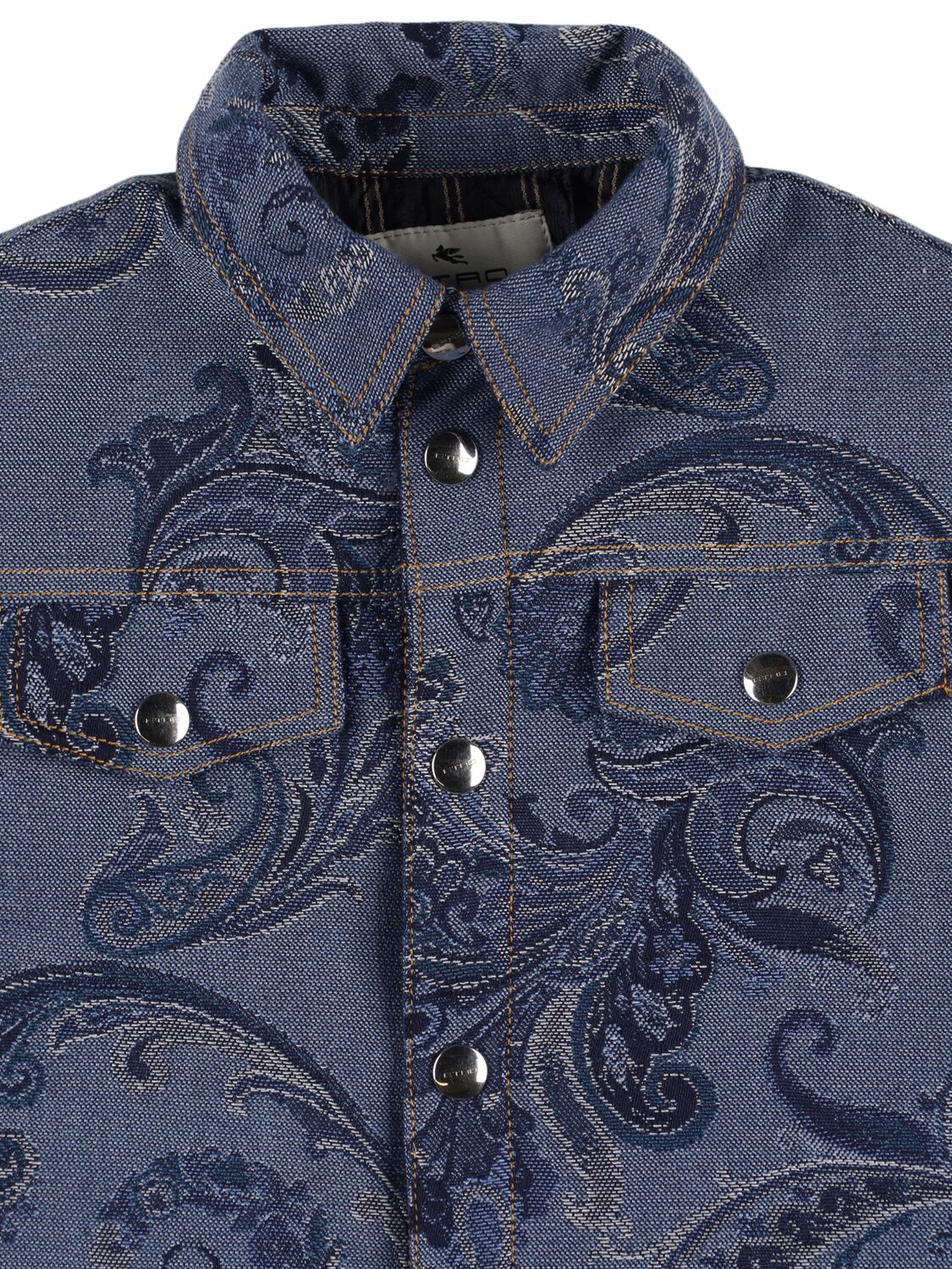 Shop Etro Printed Cotton Blend Denim Jacket In Blue