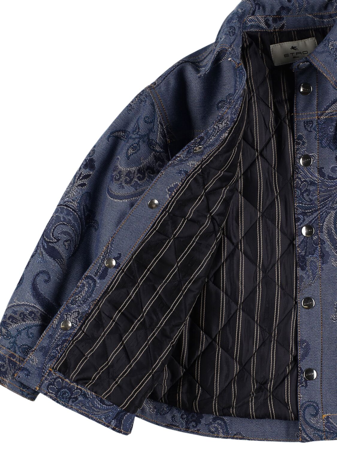 Shop Etro Printed Cotton Blend Denim Jacket In Blue