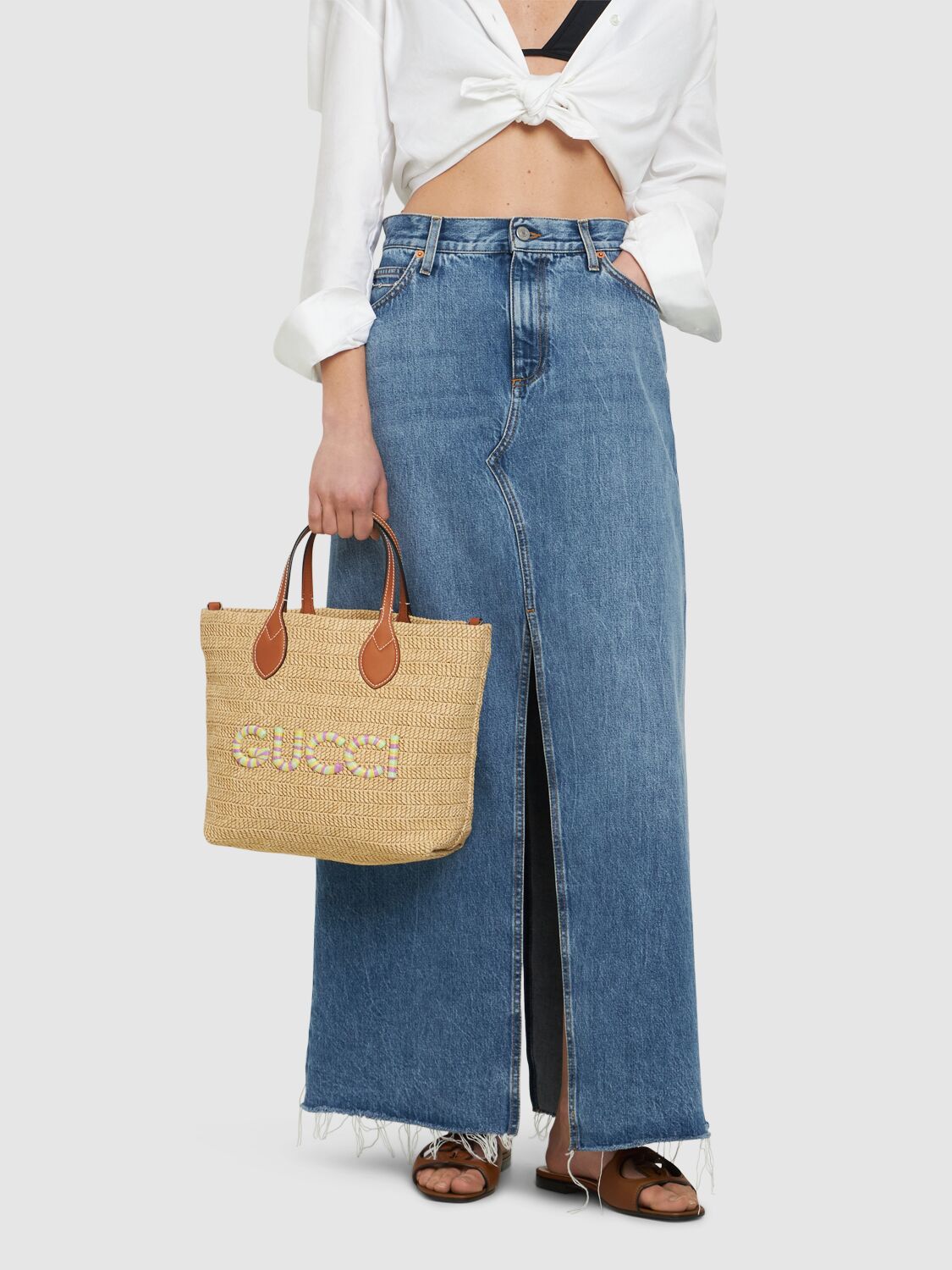 Shop Gucci Small Raffia Tote Bag W/ Logo In Natural,multi