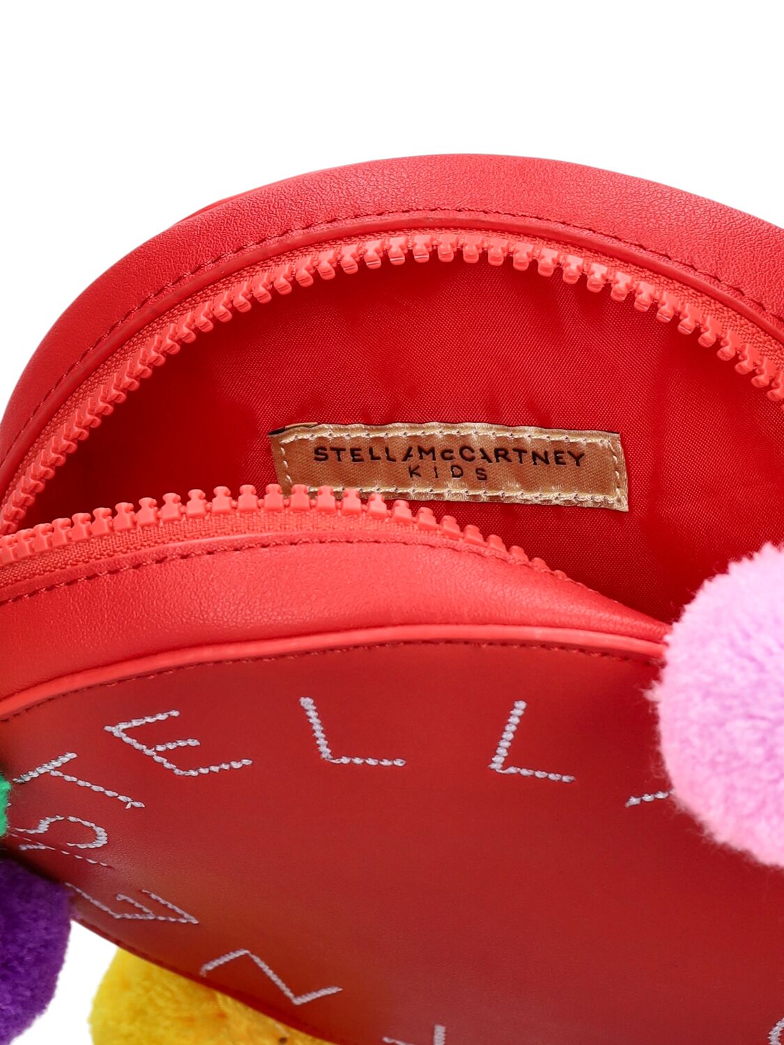 Shop Stella Mccartney Printed Faux Leather Bag W/pompoms In Red/multi