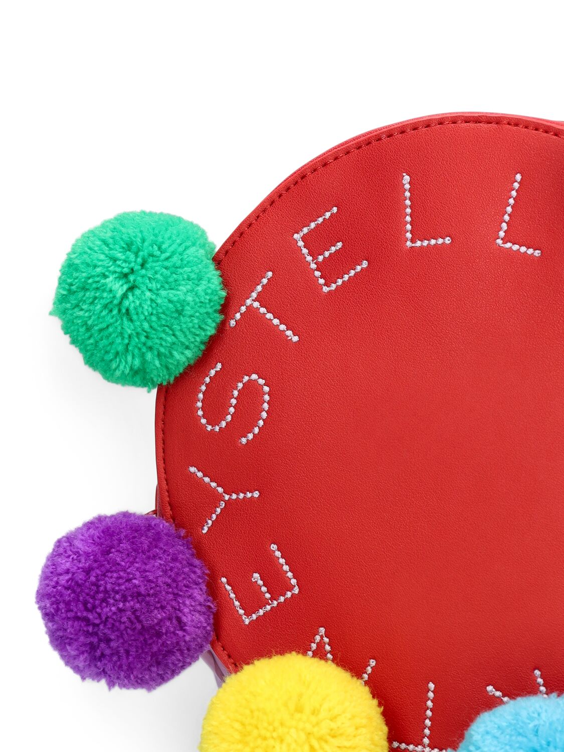 Shop Stella Mccartney Printed Faux Leather Bag W/pompoms In Red/multi