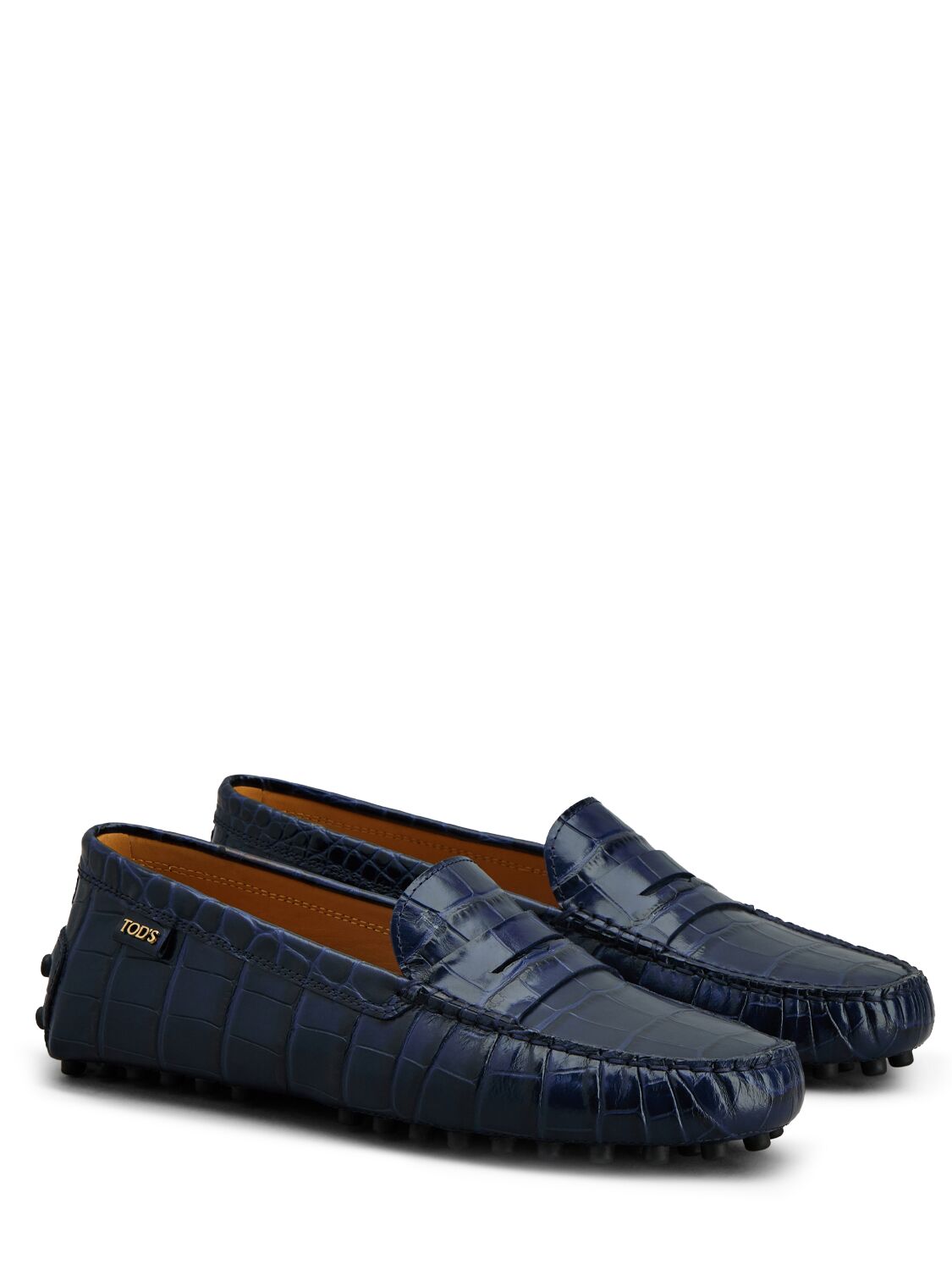 Shop Tod's 5mm Croc Embossed Leather Loafers In Blu Scuro