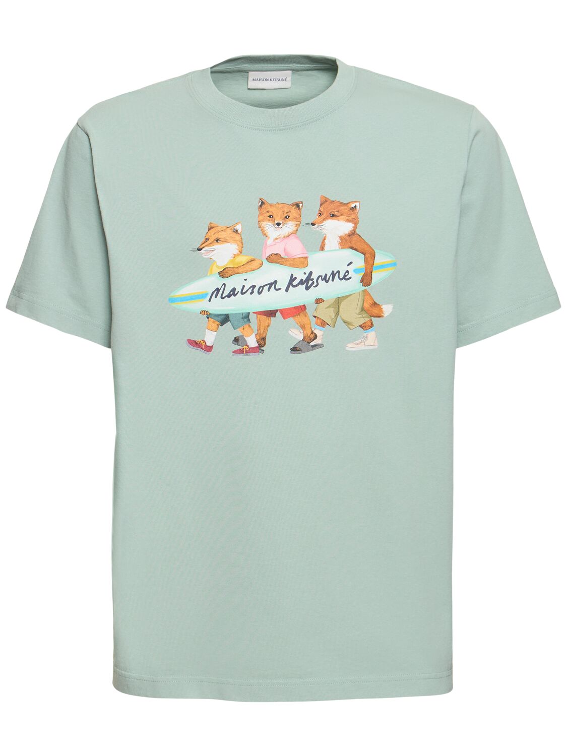 Shop Maison Kitsuné Surfing Foxes Comfort Cotton T-shirt In Seafom Blue