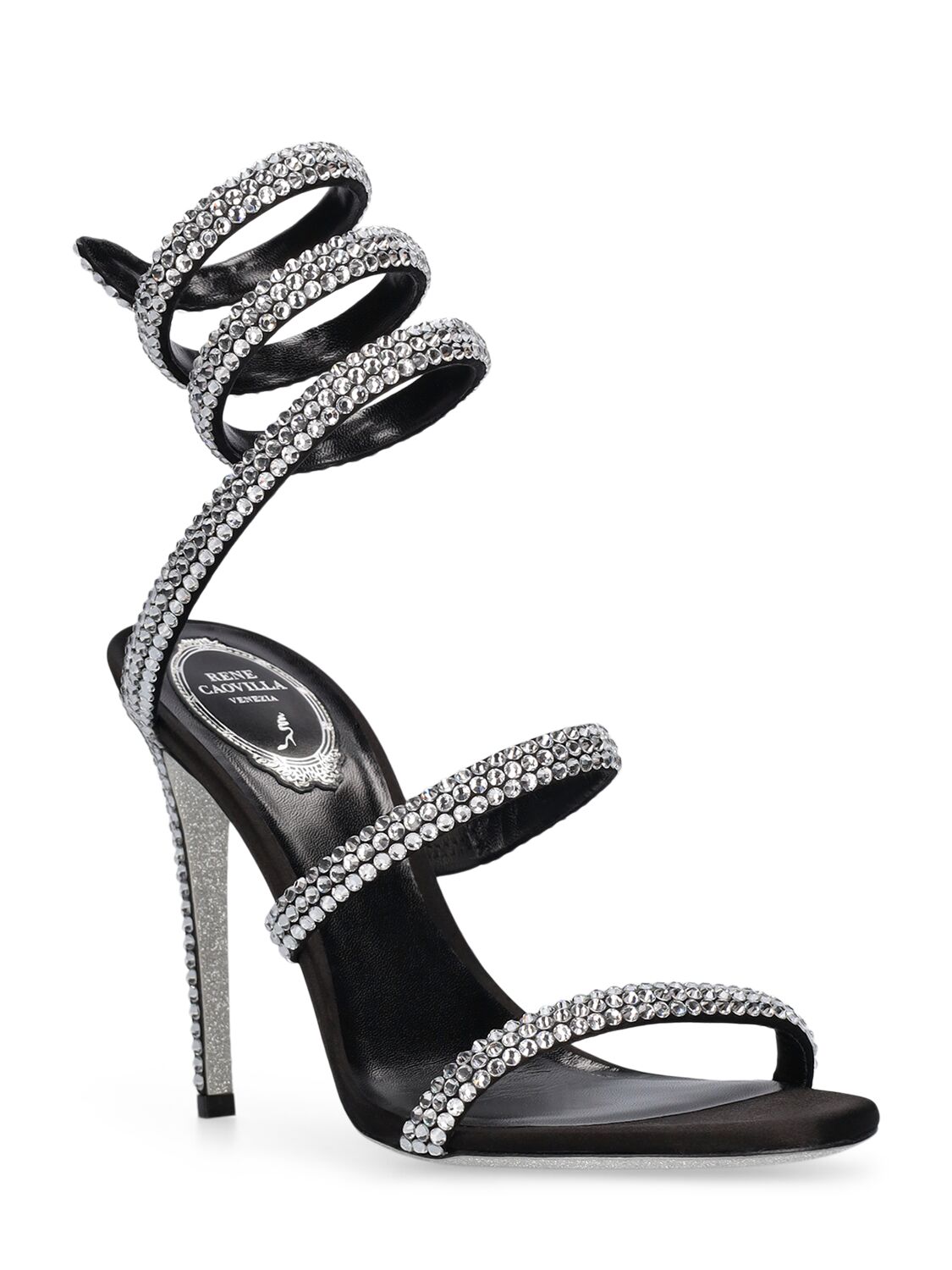 Shop René Caovilla 105mm Satin & Crystal Sandals In 블랙