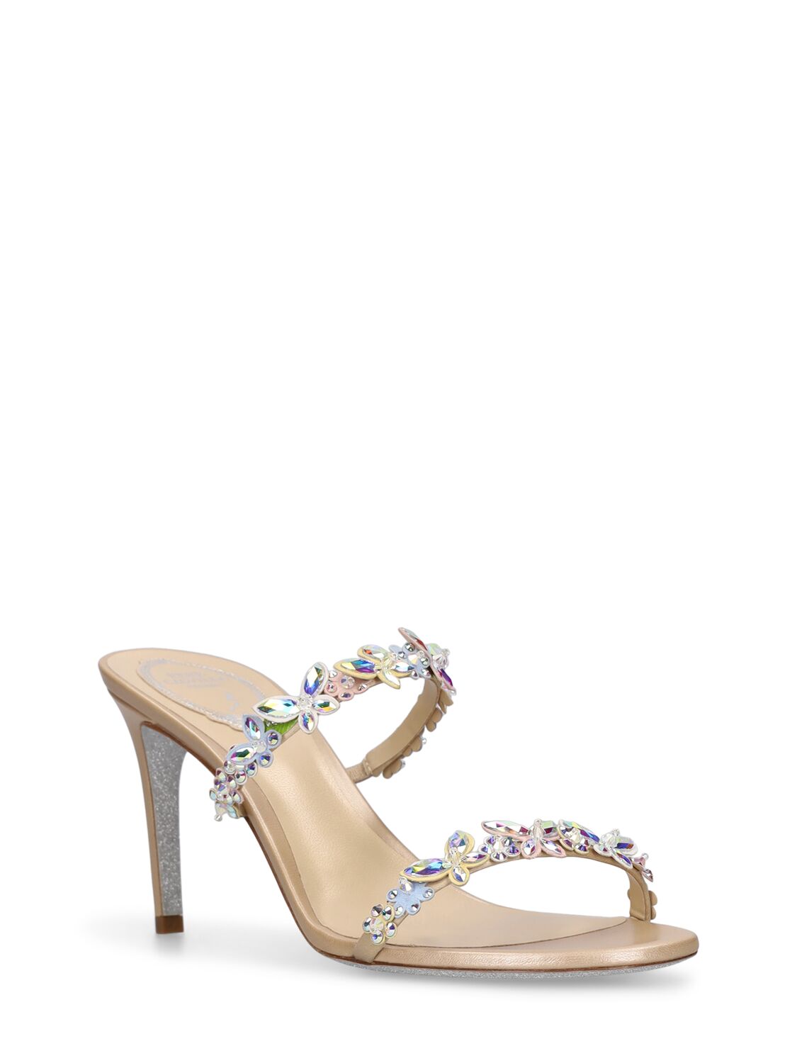 Shop René Caovilla 80mm Satin & Flower Sandals In 베이지