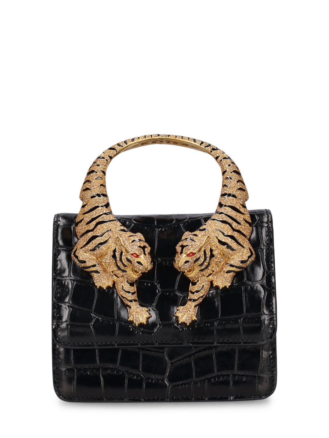 Roberto Cavalli Small Roar Croc Embossed Bag In Black