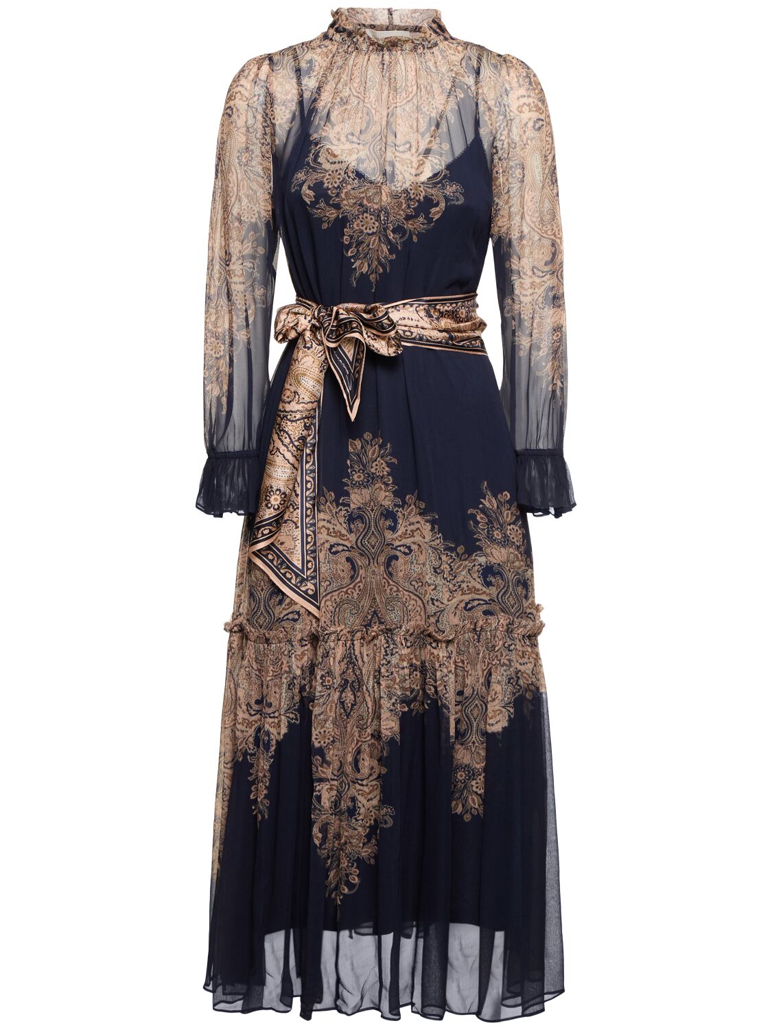 Zimmermann Natura Floral Paisley Belted Long Sleeve Midi Dress In Navy,multi